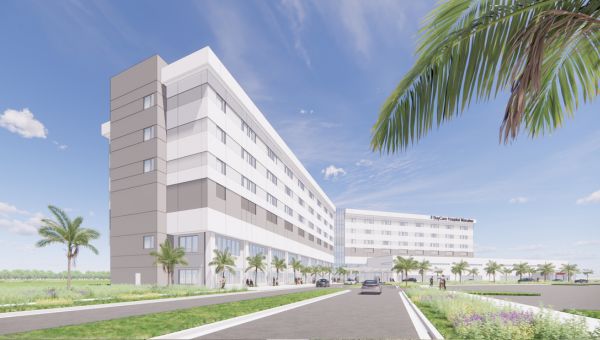 A rendering of a hospital which shows the exterior of the building.