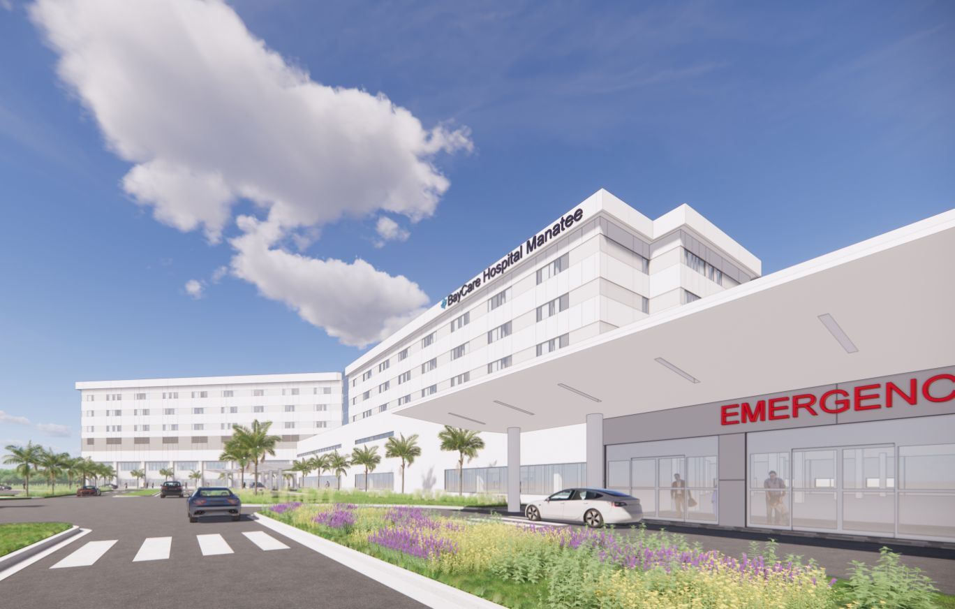 A rendering of a hospital which shows the exterior of the hospital and emergency department.