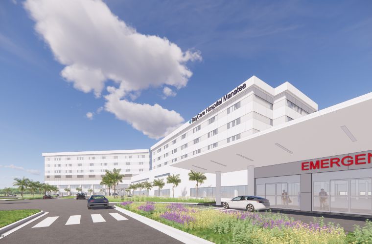 A rendering of a hospital which shows the exterior of the hospital and emergency department. 