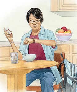 Young man sitting at breakfast table with bowl of cereal and glass of water. He is holding a bottle of pills and looking at his watch.