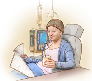 Teenage girl sitting in chair with IV line inserted under collarbone. IV bag and pump are in background. Girl is wearing hat and is holding magazine and drink.