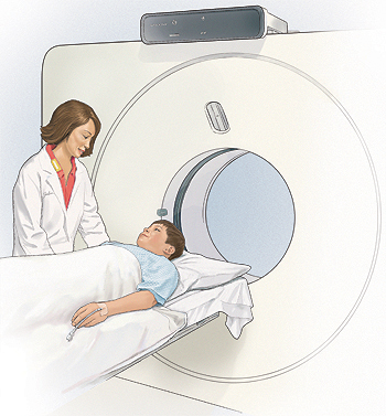 Illustration of child getting ready for a CT scan