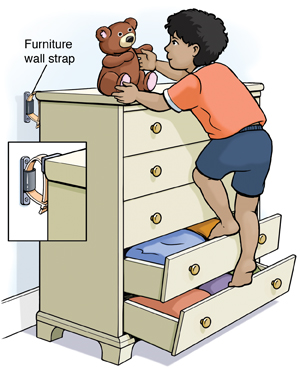 Child climbing up chest of drawers on open drawers to get teddy bear from top. Furniture wall strap holds chest of drawers securely to wall. Closeup of wall strap.