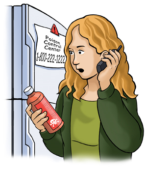 Woman holding bottle with poison label is on the phone. Poison control number is attached to refrigerator behind her.