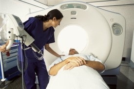 Photo of patient being perpared for CT scan