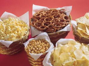 Popcorn, pretzels, peanuts, potato chips, corn chips.