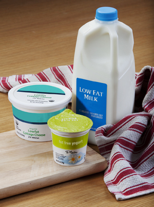 Calcium-rich low fat foods: fat free yogurt, lowfat cottage cheese, low-fat milk.
