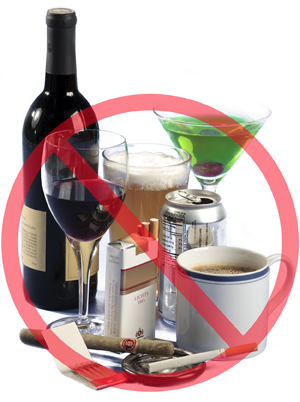 Image of wine, beer, soda, coffee, cigarettes,cigar, and cocktail with red circle and slash on top indicating don't use.