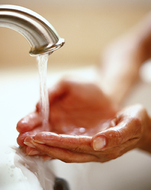 Closeup of hands being washed with soap and water.