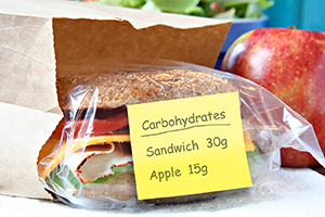 Healthy turkey sandwich and apple with post-it note with grams of carbohydrates. 