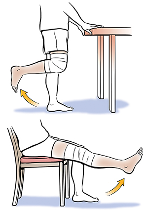1. Person from waist down showing standing knee bends. 2. Lower body of seated person showing long-arc knee extension.