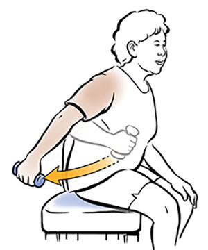 Seated woman doing triceps curls with hand weight.