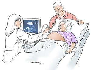 Pregnant woman having fetal echogradiogram done. Man standing at head of table, technician performing test.