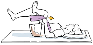 Woman lying on back pulling one thigh to chest with towel with knees bent.