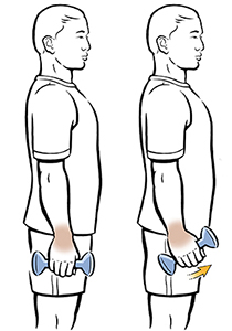 Man standing doing radial deviation exercise with hand weight.