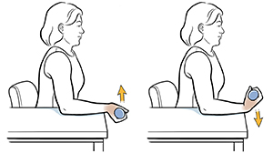 Woman sitting in chair with arm on table doing wrist flexion exercise with hand weight.