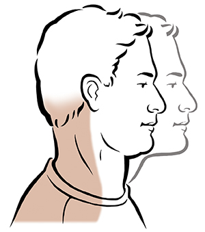 Side view of man's head showing neck glide exercise. 