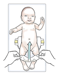 Hands bringing diaper up between infant's legs.