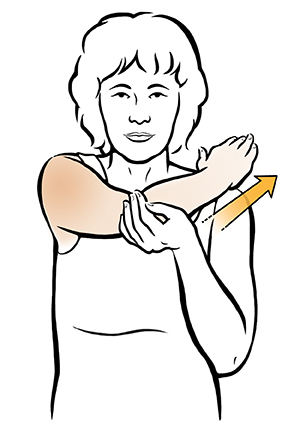 Woman doing adduction shoulder exercise.