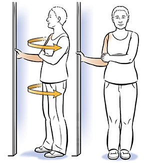 Woman standing facing doorway. One arm is bent, hand holding on to doorway. Other hand is across body holding bent elbow. Arrows show woman turning to side, continuing to hold doorway.
