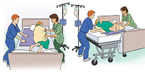 Two steps showing healthcare providers moving patient from bed to gurney.