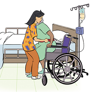 Healthcare provider using transfer belt to move patient from hospital bed to wheelchair.