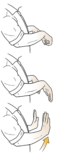 Three steps of man doing wrist stretch exercise.