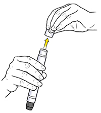 Hands removing cap from auto-injector.