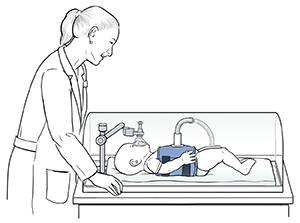 Technician giving baby spirometry test.