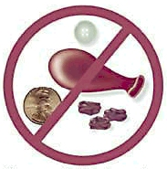 Balloon, coin, button, and raisins with circle and slash on top to indicate keep these away from infants.