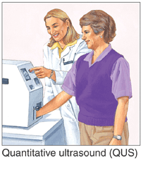 Woman putting hand and wrist in quantitative ultrasound (QUS) machine. Healthcare provider is operating machine.