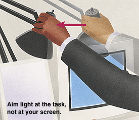 Hands adjusting desk light at papers, not at screen.