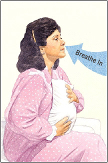 Woman breathing in slowly through nose