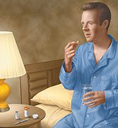 Man sitting on edge of bed taking pill. Pill bottles and syringe are on bedside table.