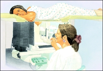 Woman lying face down on exam table with hospital gown open in front. One breast is through opening in table. Exam table is on top of X-ray machine. Health care provider is sitting at machine.