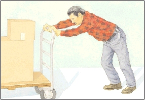 Image of man bending over too far to push a cart
