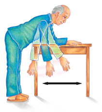 Man leaning over with back straight, supporting himself on back of chair with one hand. Other arm is hanging from shoulder with arrows showing arm moving in circle.