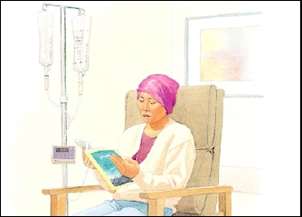 Woman sitting in chair with IV in arm. IV goes to pump on pole with two IV bags.