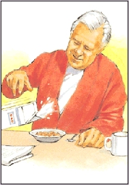 Image of a man pouring milk into a bowl of cereal. He is dropping the milk carton.