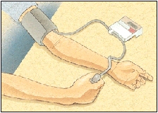 Man inflating the blood pressure cuff.