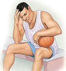 Man holding a basketball while sitting and looking distressed.