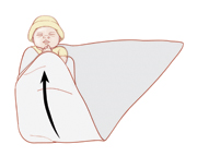 Step two in swaddling a baby.
