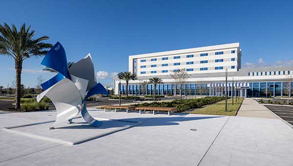 Image of the exterior of Baycare Hospital Wesley Chapel with sculpture in the front