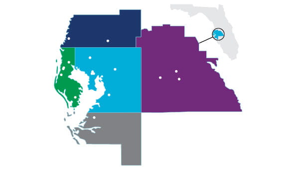 BayCare's five-county footprint map with hospital locations represented as white dots