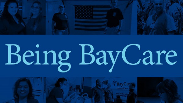 a blue tinted collage of images of baycare's achivements