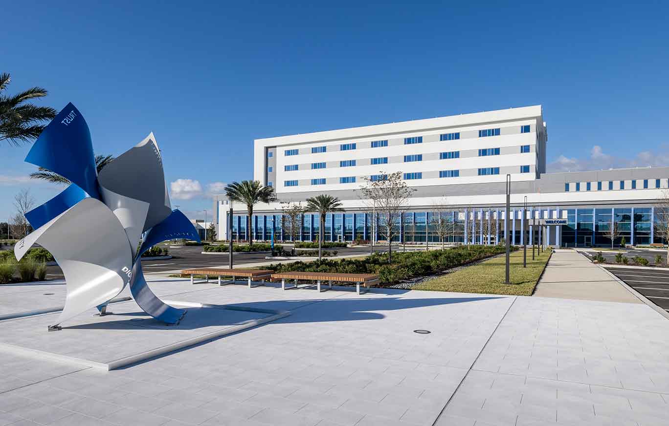 exterior of baycare hospital wesley chapel with sculpture