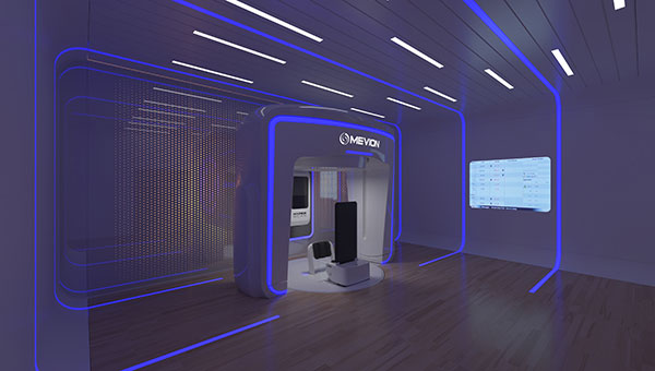 proton therapy room with blue and white lights
