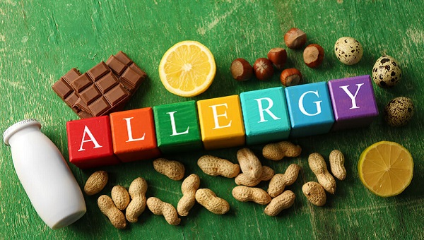 Allergy food concept Wooden cubes with allergic food