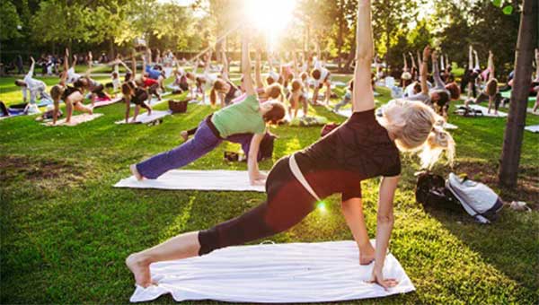 group of people doing yoga in a park