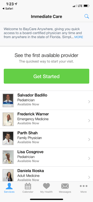 BayCareAnywhere screen for immediate care practice